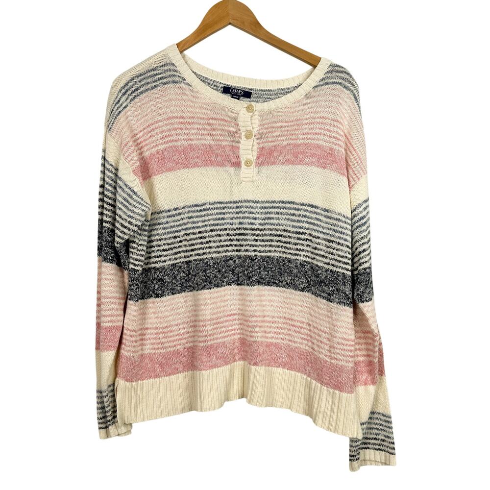 Chaps Quarter Button Front Striped Cream Linen & Cotton Sweater